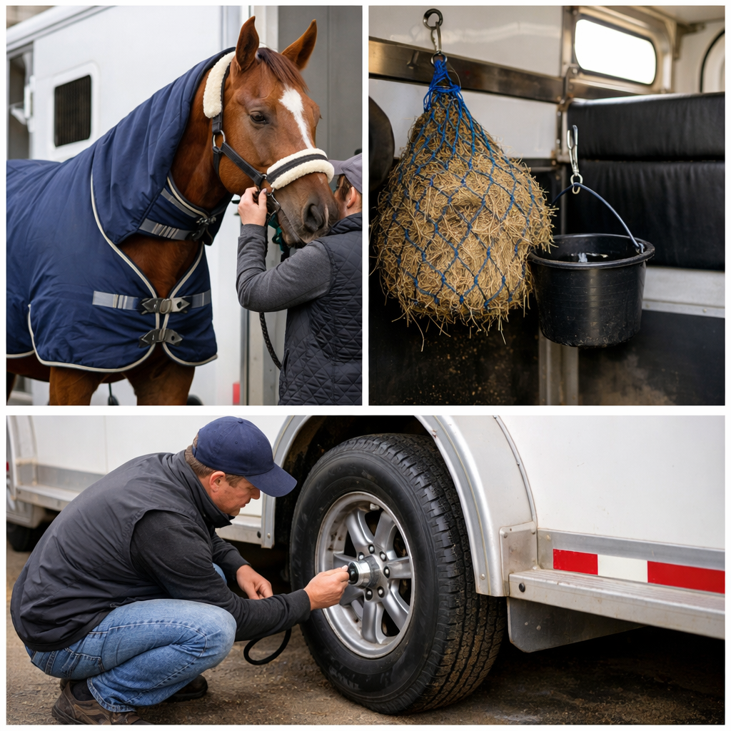 Horse wearing travel boots and rug beside horse trailer with haynet inside during transport preparation
