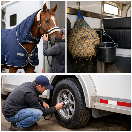 Horse wearing travel boots and rug beside horse trailer with haynet inside during transport preparation