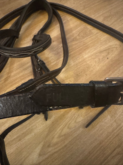 Rhinegold Fancy Stitch English Leather Bridle with Rubber Reins – Full Size Brown