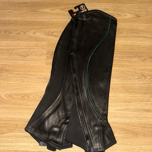 Riders Eye Black Leather Green Trim Half Chaps - Ladies Extra Small TALL