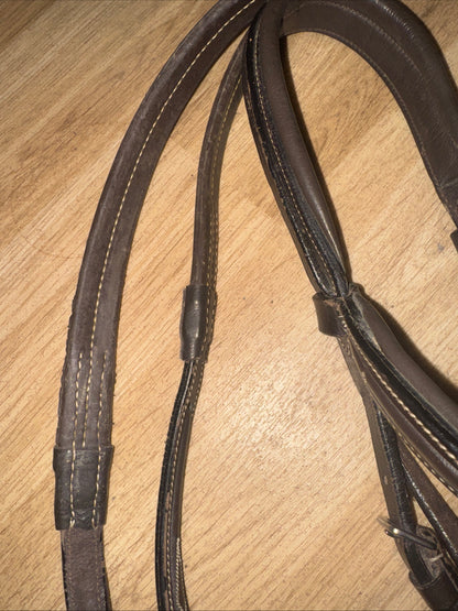 Rhinegold Fancy Stitch English Leather Bridle with Rubber Reins – Full Size Brown