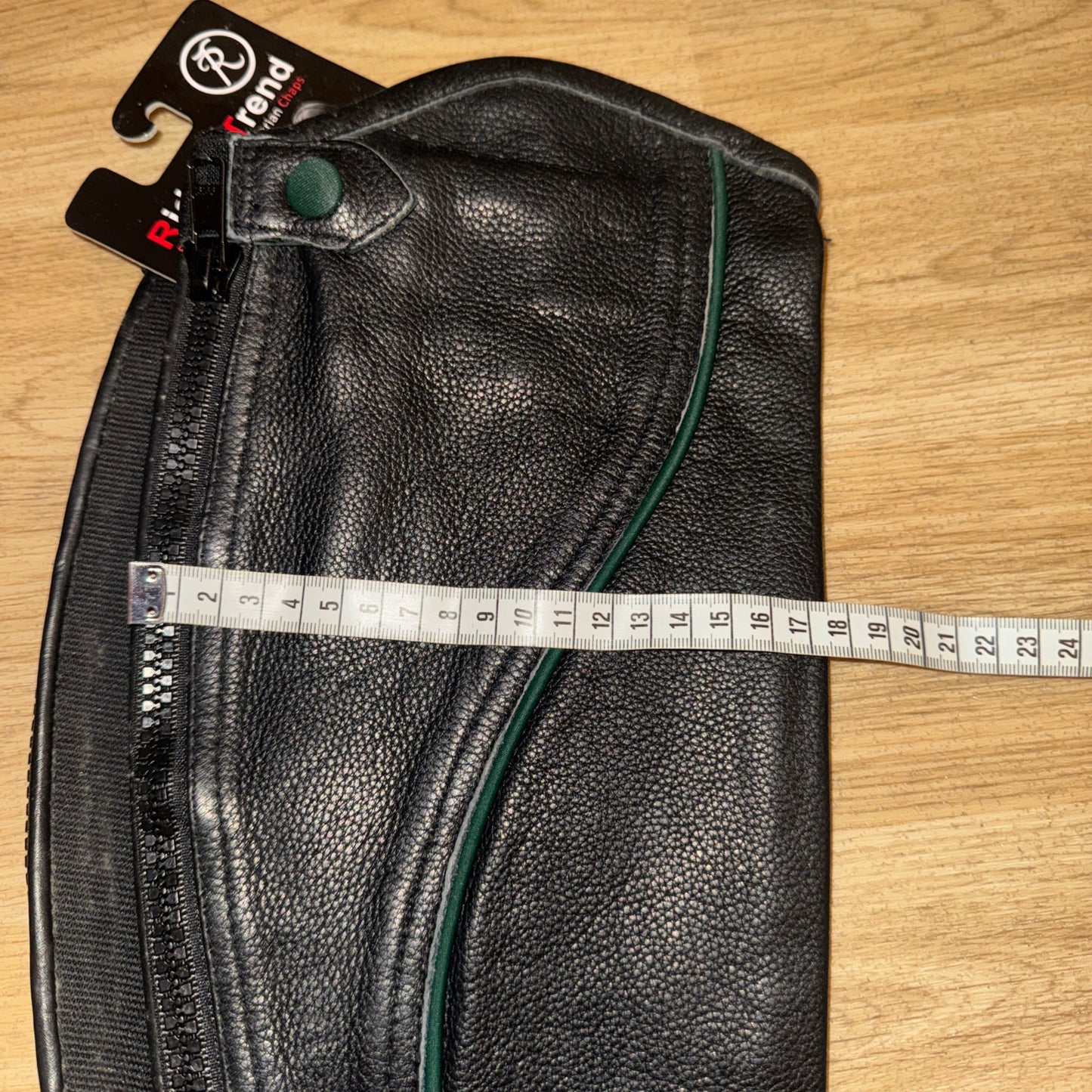 Riders Eye Black Leather Green Trim Half Chaps - Ladies Extra Small TALL