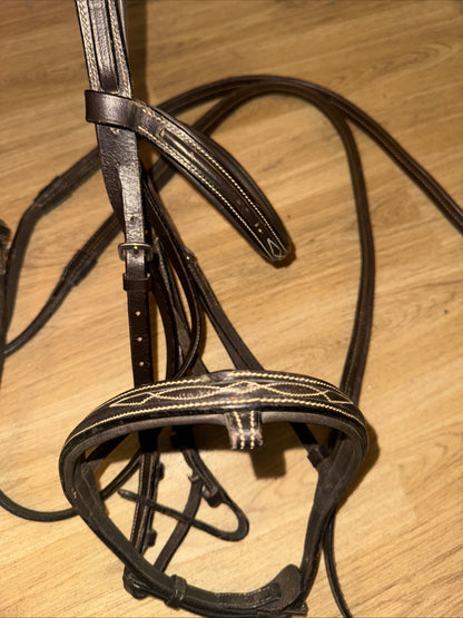 Rhinegold Fancy Stitch English Leather Bridle with Rubber Reins – Full Size Brown