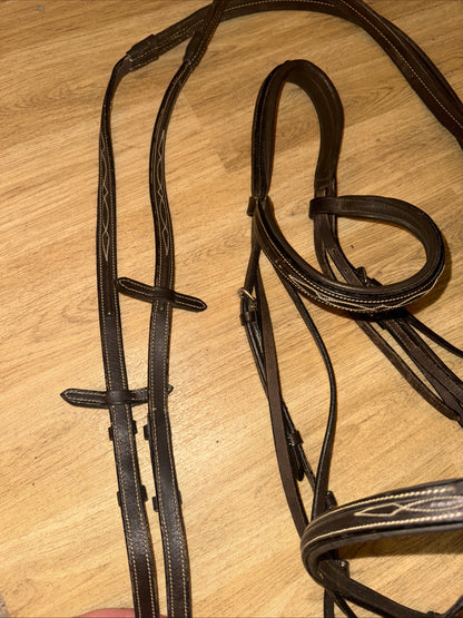 Rhinegold Fancy Stitch English Leather Bridle with Rubber Reins – Full Size Brown