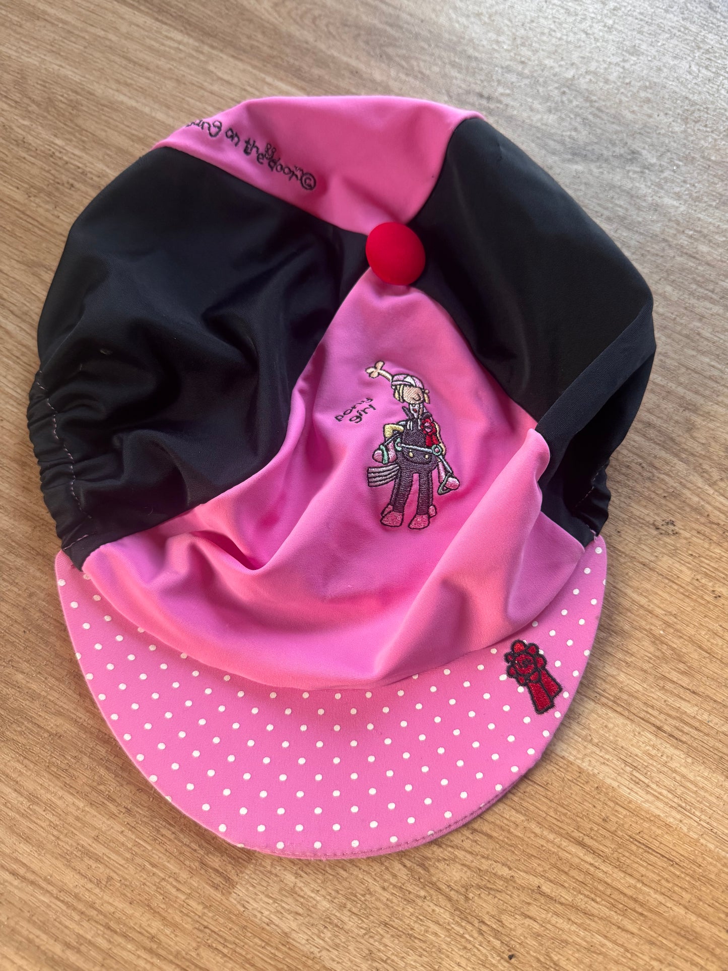 Girls Pink & Black Horse Riding Hat Silk Cover Child Pony Helmet