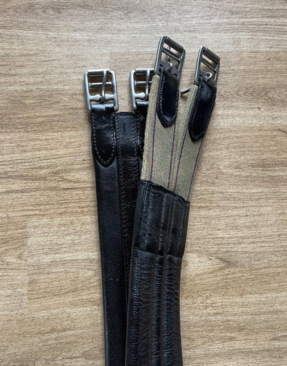 Black English Leather Padded Horse Girth Elastic Ends English Saddle 54”