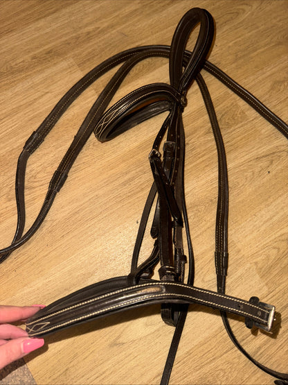 Rhinegold Fancy Stitch English Leather Bridle with Rubber Reins – Full Size Brown