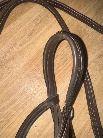 Rhinegold Fancy Stitch English Leather Bridle with Rubber Reins – Full Size Brown