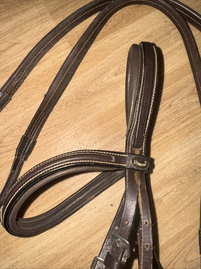 Rhinegold Fancy Stitch English Leather Bridle with Rubber Reins – Full Size Brown