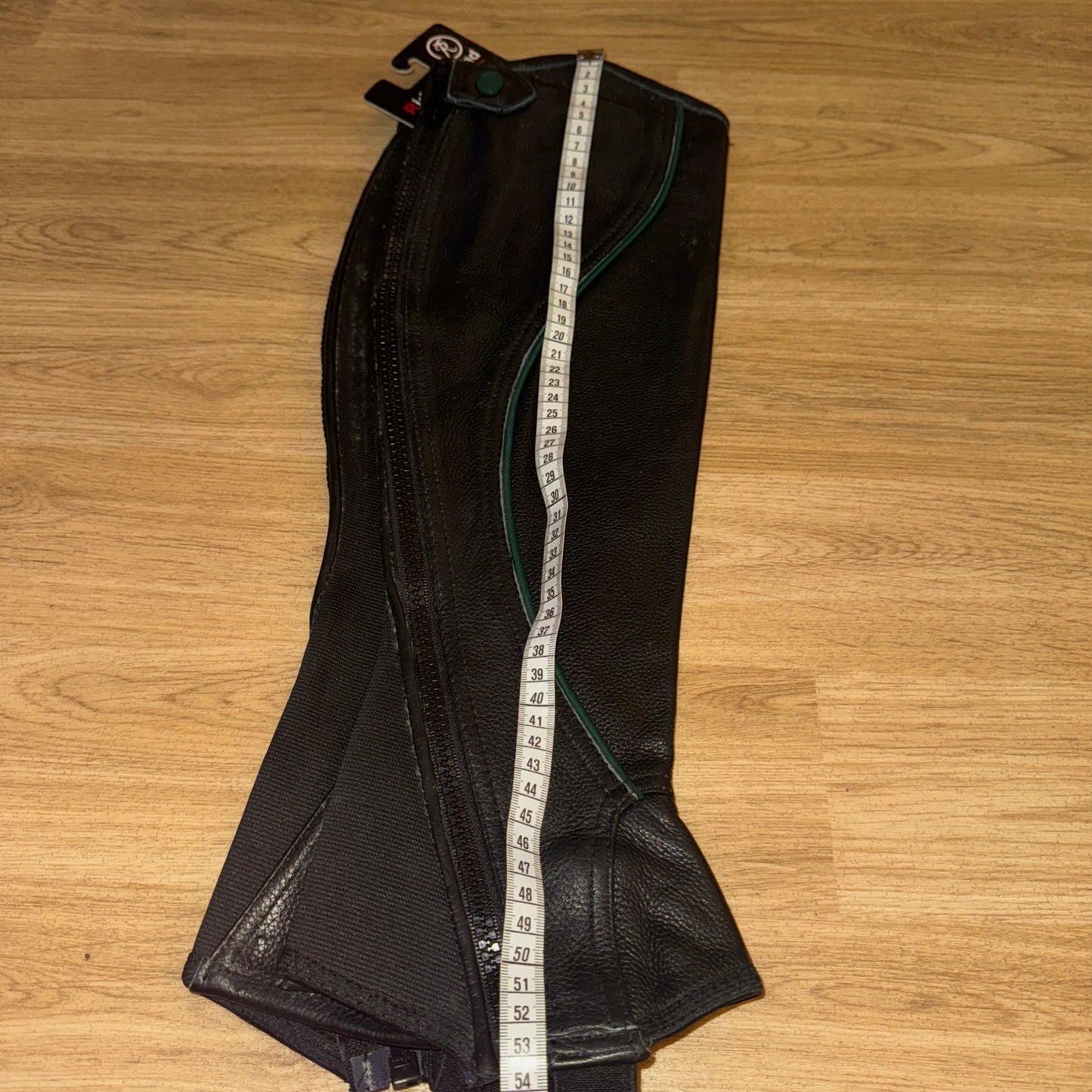 Riders Eye Black Leather Green Trim Half Chaps - Ladies Extra Small TALL