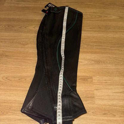Riders Eye Black Leather Green Trim Half Chaps - Ladies Extra Small TALL