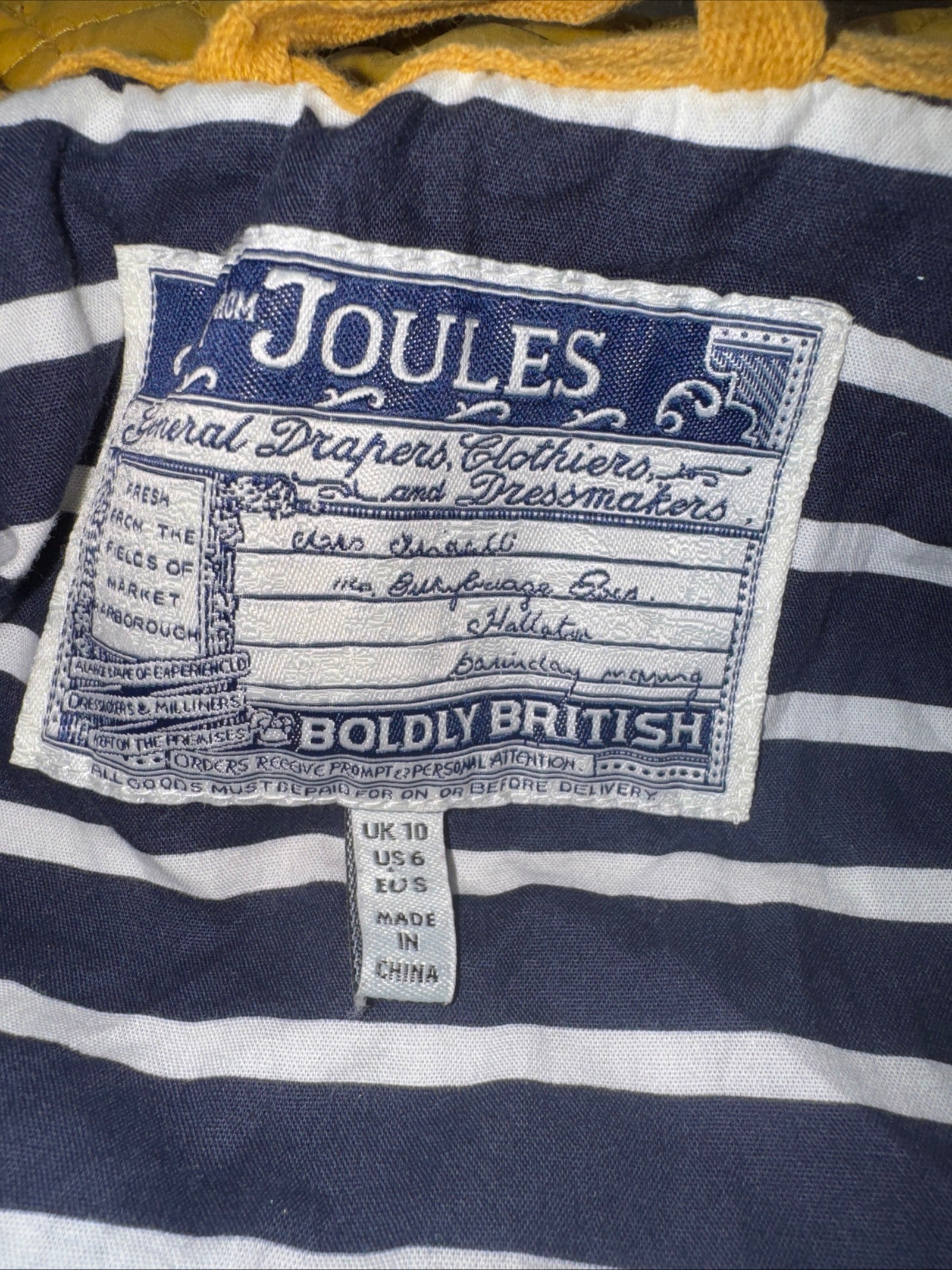 Joules Size 10 Mustard Quilted Jacket - Fox Head Button