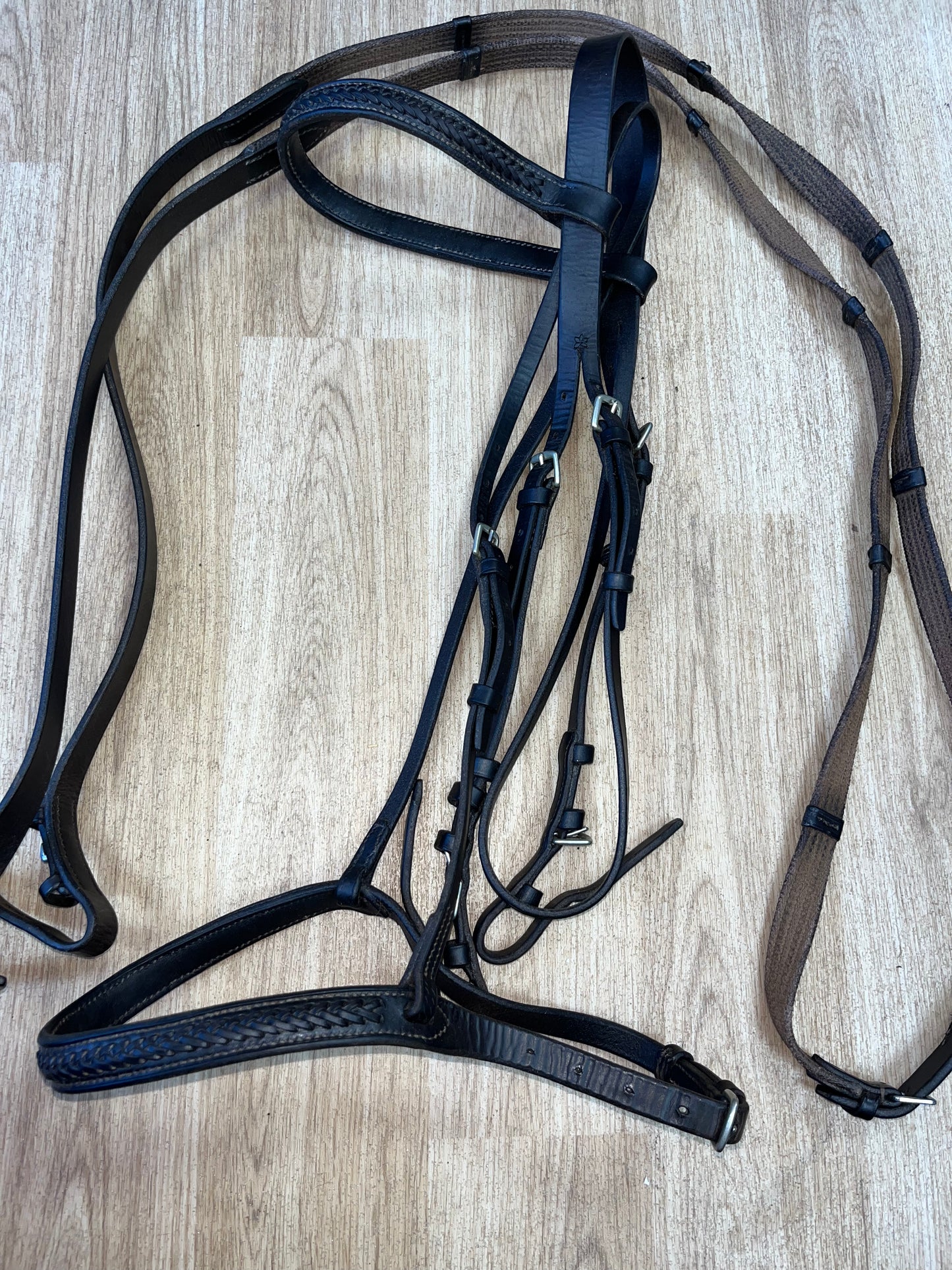 English Leather Plaited Browband Bridle with Reins – Full Size Brown #26