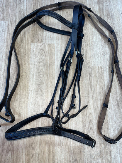 English Leather Plaited Browband Bridle with Reins – Full Size Brown #26