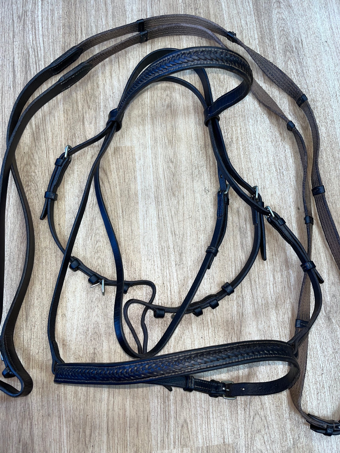 English Leather Plaited Browband Bridle with Reins – Full Size Brown #26