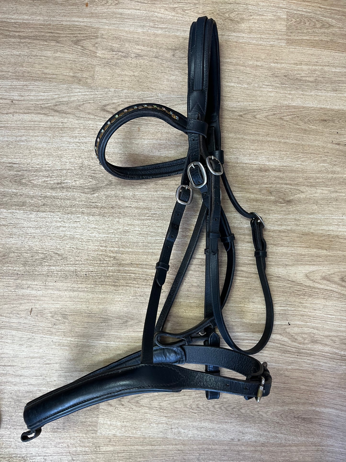 Black English Leather Flash Bridle with Gem Browband – Warmblood Size
 # 68