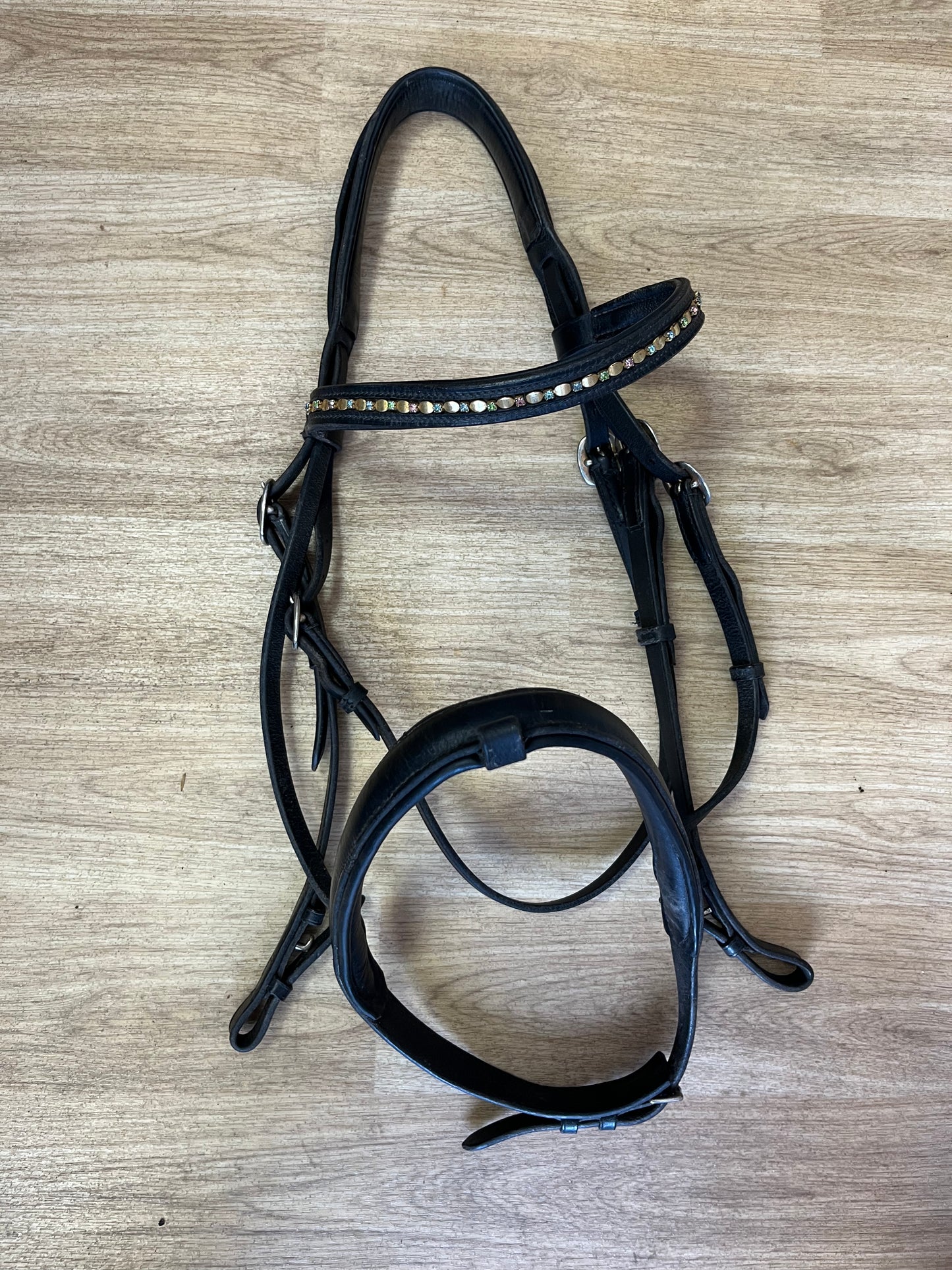Black English Leather Flash Bridle with Gem Browband – Warmblood Size
 # 68