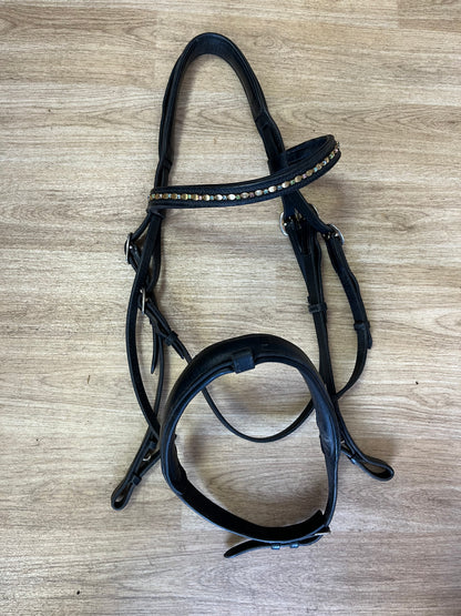 Black English Leather Flash Bridle with Gem Browband – Warmblood Size
 # 68