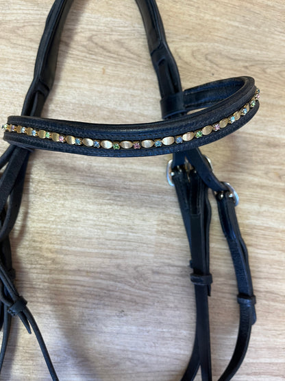 Black English Leather Flash Bridle with Gem Browband – Warmblood Size
 # 68