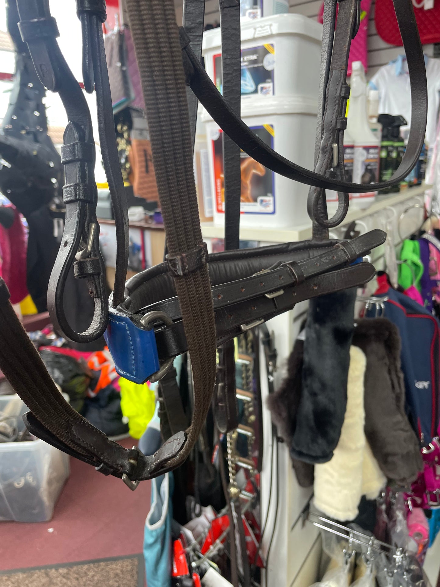 Blue Diamanté Brown Pony Bridle & Reins