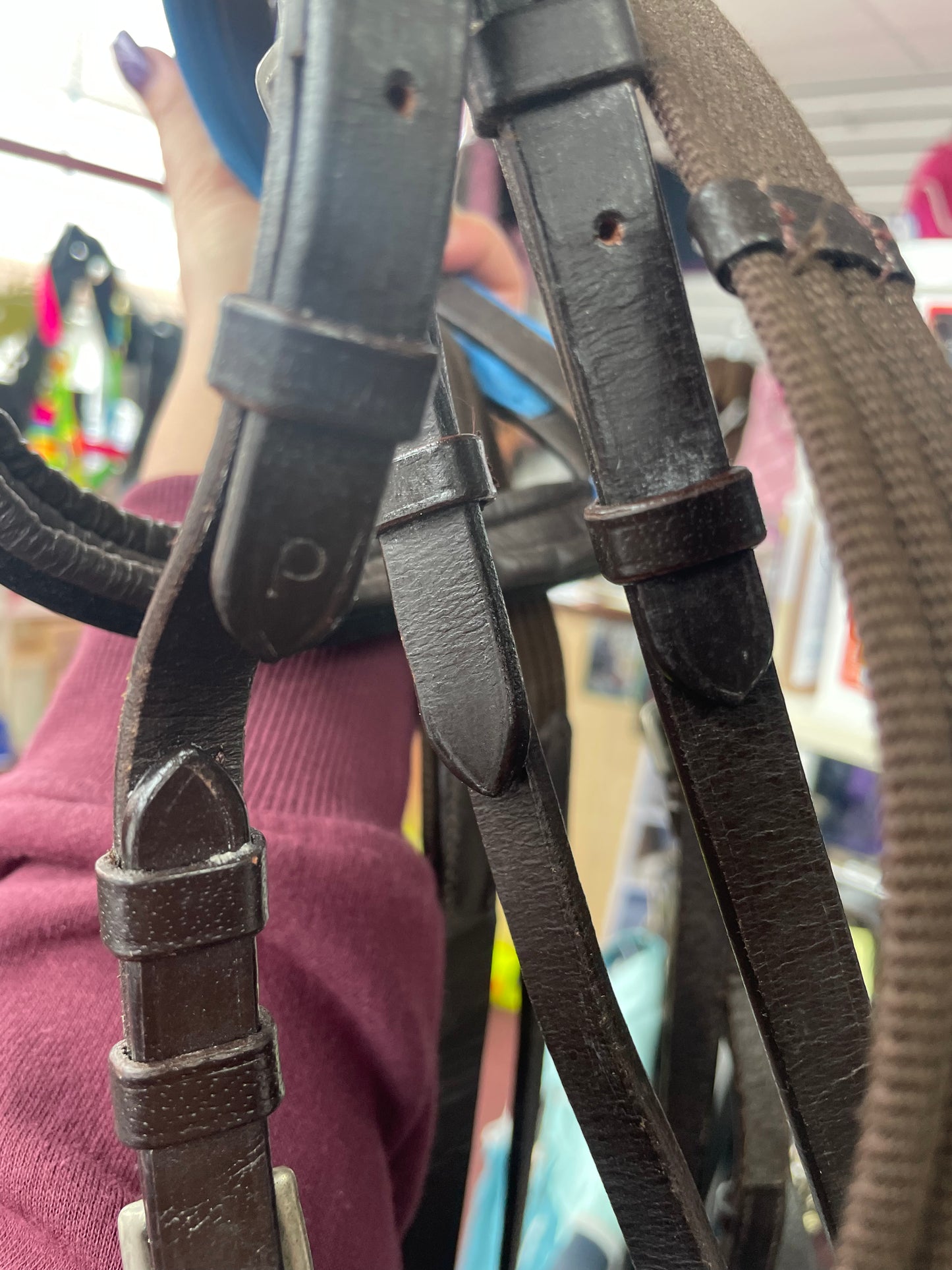 Blue Diamanté Brown Pony Bridle & Reins